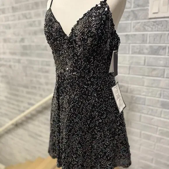 City Studio Fit And Flare Black Sequin Mini‎ Dress Sz 13/14 New With Tags